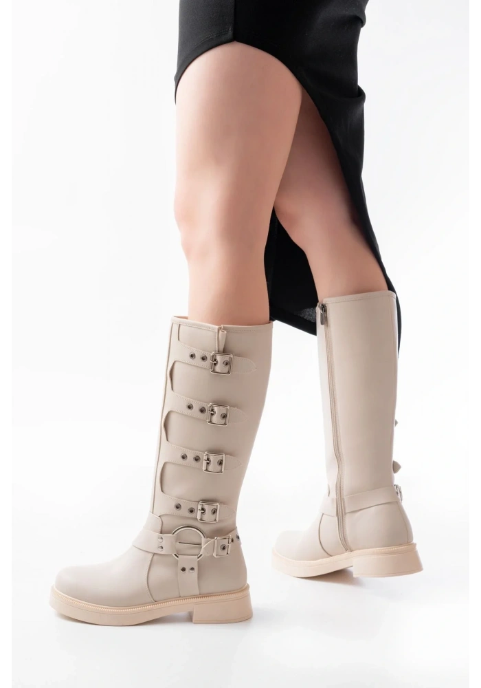 02-346 Bej Düz Topuklu Günlük Bayan Binici Çizme