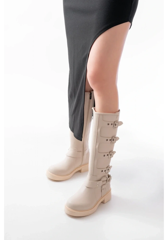 02-346 Bej Düz Topuklu Günlük Bayan Binici Çizme