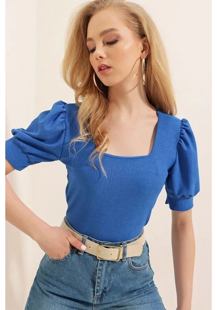 0409 Kare Yaka Örme Bluz - Saks