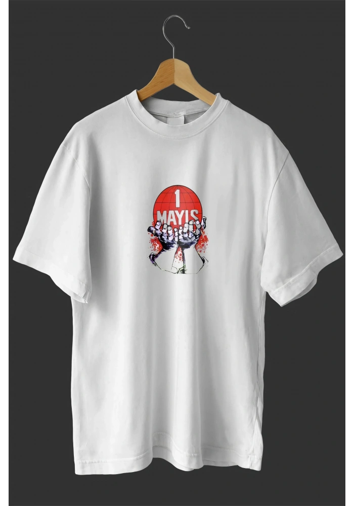 1 Mayıs Emek ve Dayanışma Günü Baskılı Oversize Bisiklet Yaka T-shirt - Beyaz