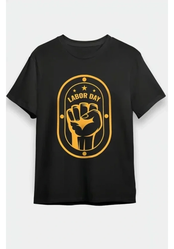 1 Mayıs Labor Day Emekçi Temalı Baskılı Oversize Bisiklet Yaka T-shirt - Siyah