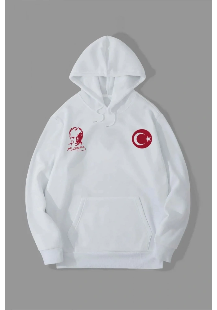 10 Kasıma Özel Üç İplik Kapüşonlu Baskılı SweatShirt - Beyaz