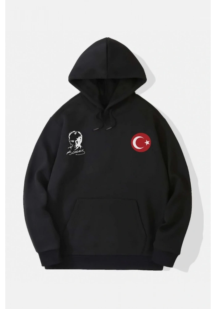 10 Kasıma Özel Üç İplik Kapüşonlu Baskılı SweatShirt - Siyah