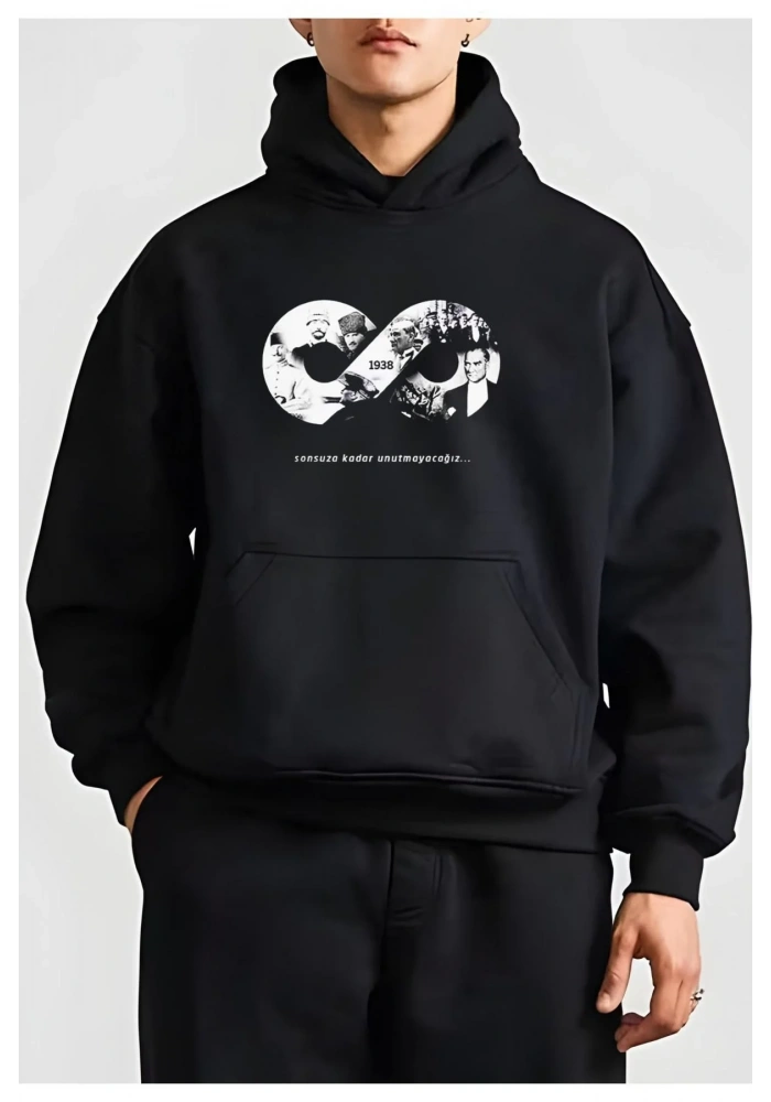 10 Kasıma Özel Üç İplik Kapüşonlu Baskılı SweatShirt - Siyah