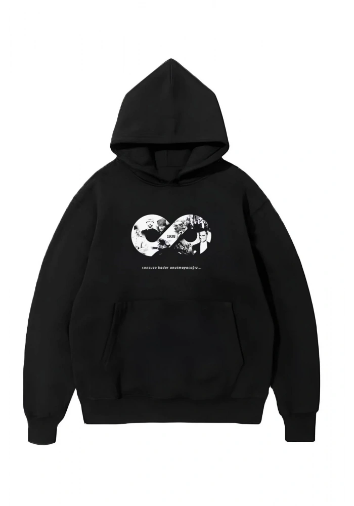 10 Kasıma Özel Üç İplik Kapüşonlu Baskılı SweatShirt - Siyah