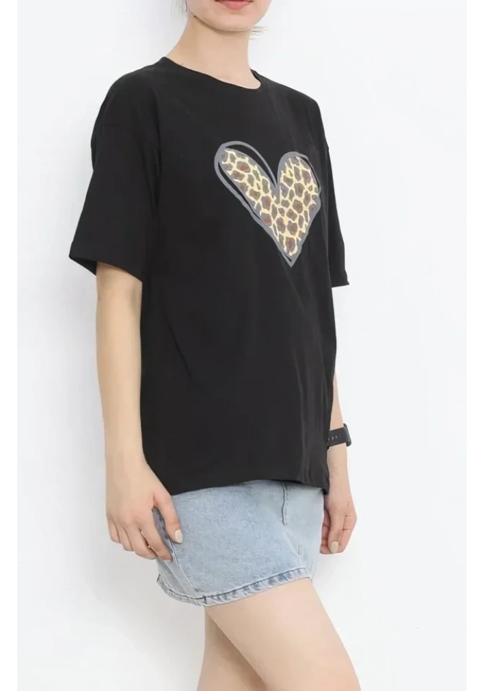 14 Şubat Sevgililer Günü Leopar Kalp Baskılı Oversize Bisiklet Yaka T-shirt - Siyah