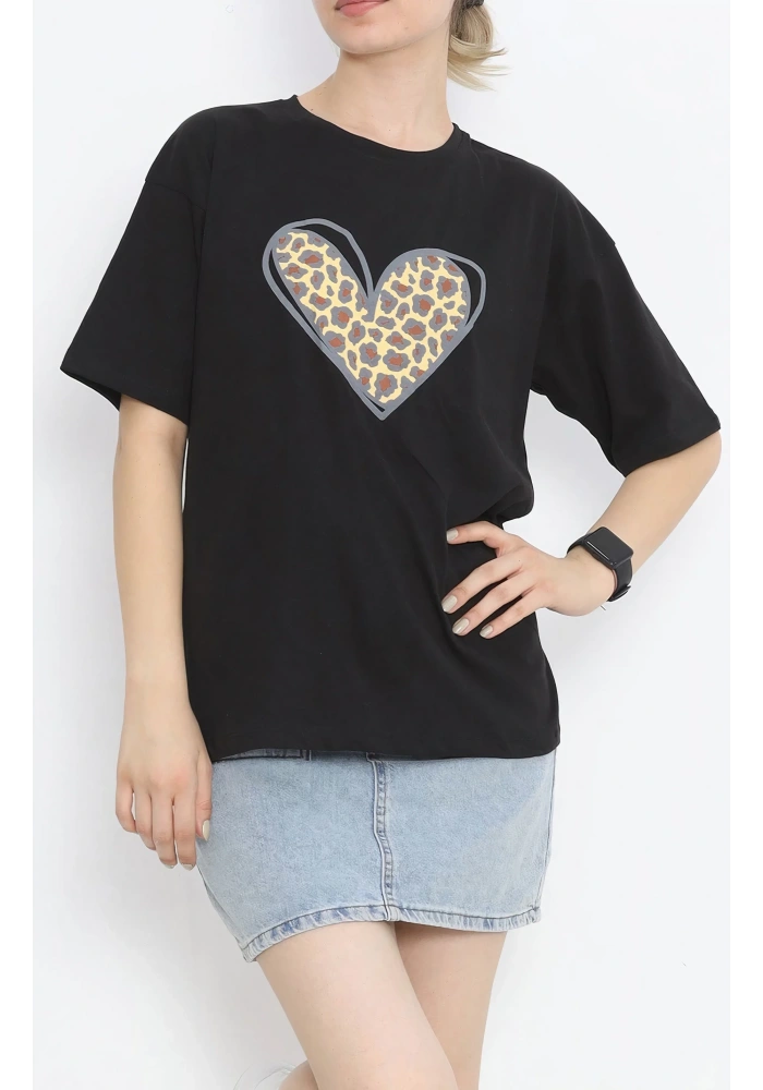 14 Şubat Sevgililer Günü Leopar Kalp Baskılı Oversize Bisiklet Yaka T-shirt - Siyah