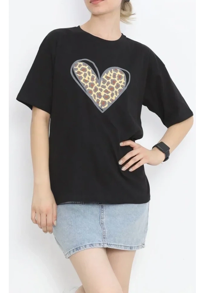 14 Şubat Sevgililer Günü Leopar Kalp Baskılı Oversize Bisiklet Yaka T-shirt - Siyah