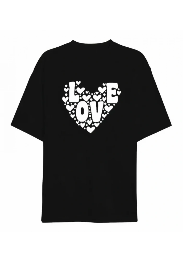 14 Şubat Sevgililer Günü Love Kalp Baskılı Oversize Bisiklet Yaka T-shirt - Siyah