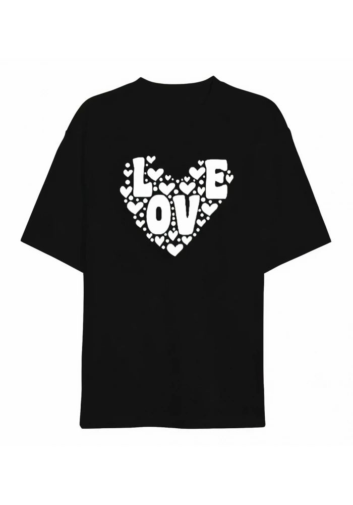 14 Şubat Sevgililer Günü Love Kalp Baskılı Oversize Bisiklet Yaka T-shirt - Siyah