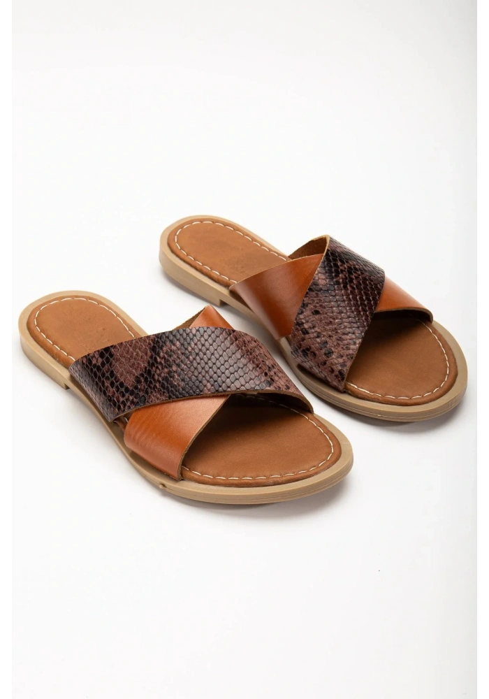 169-076 Taba Ortopedik Hakiki Deri Çapraz Bantlı Kadın Terlik