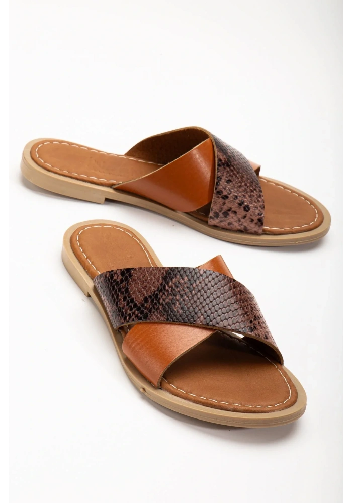 169-076 Taba Ortopedik Hakiki Deri Çapraz Bantlı Kadın Terlik