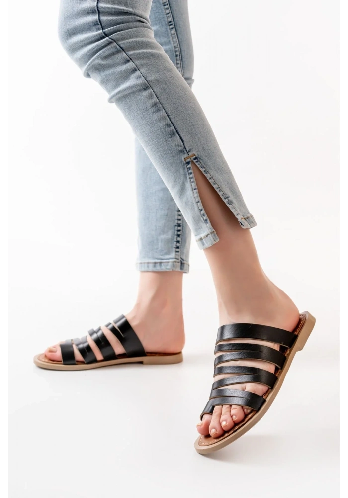 169-082 Siyah Ortopedik Hakiki Deri Kadın Terlik