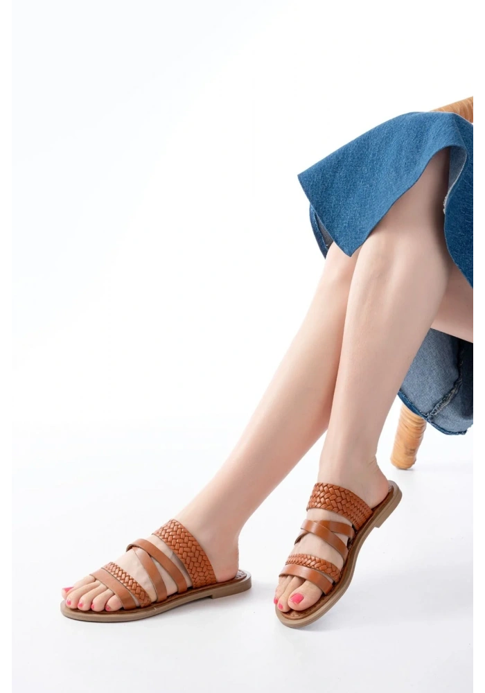 169-161 Taba Örgülü Ortopedik Taban Hakiki Deri Kadın Sandalet