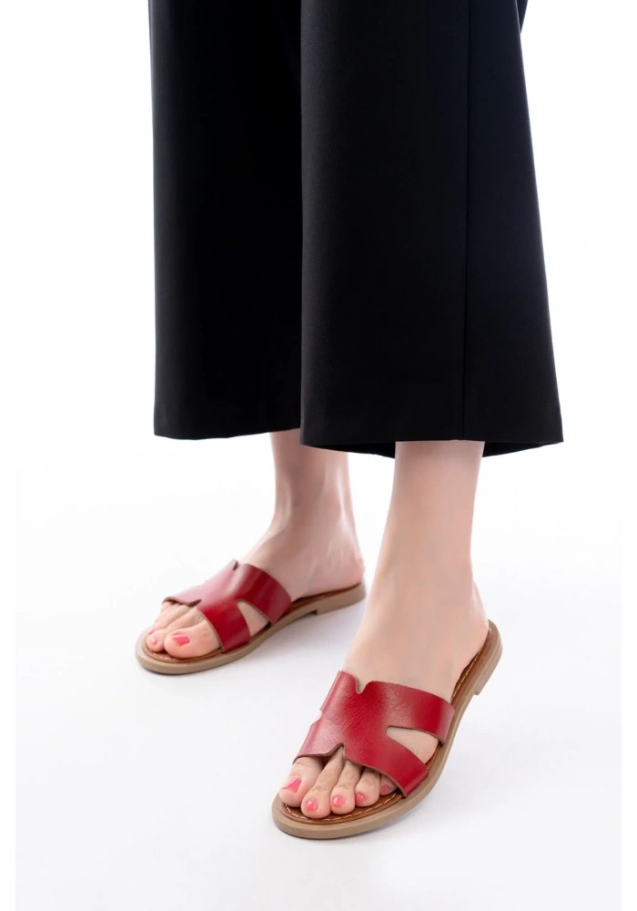 169-6100 Kırmızı Ortopedik Hakiki Deri Kadın Terlik