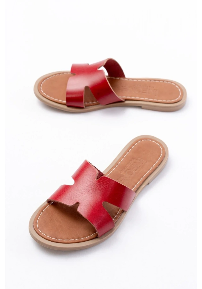 169-6100 Kırmızı Ortopedik Hakiki Deri Kadın Terlik