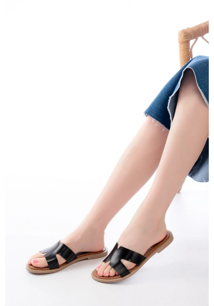 169-6100 Siyah Ortopedik Hakiki Deri Kadın Terlik