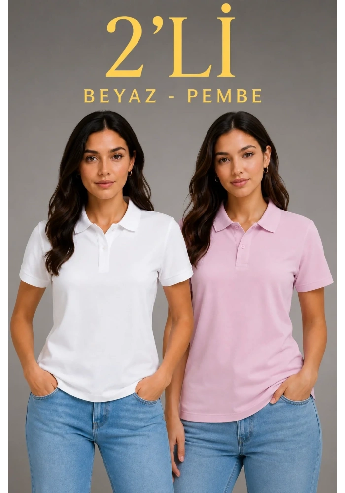 2li Kadın Polo Yaka Pike Kumaş Düğmeli Basic Tişört Günlük Rahat Kesim - Beyaz, Pembe