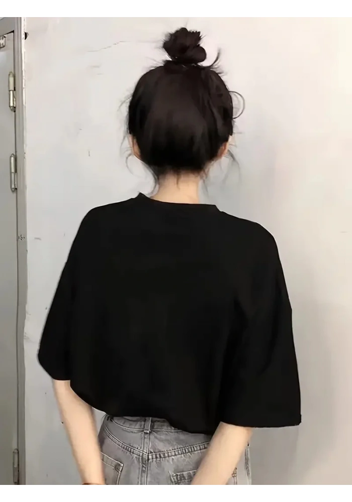 Kadın Penye Compack Baskılı  Kısa Kol Bisiklet Yaka T-shirt - Siyah