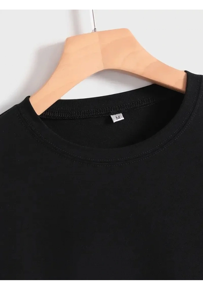 Kadın Penye Compack Baskılı Oversize Kısa Kol Bisiklet Yaka T-shirt - Siyah