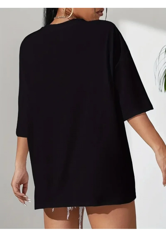 Kadın Penye Compack Classical Baskılı Siyah Oversize Tişort - Siyah