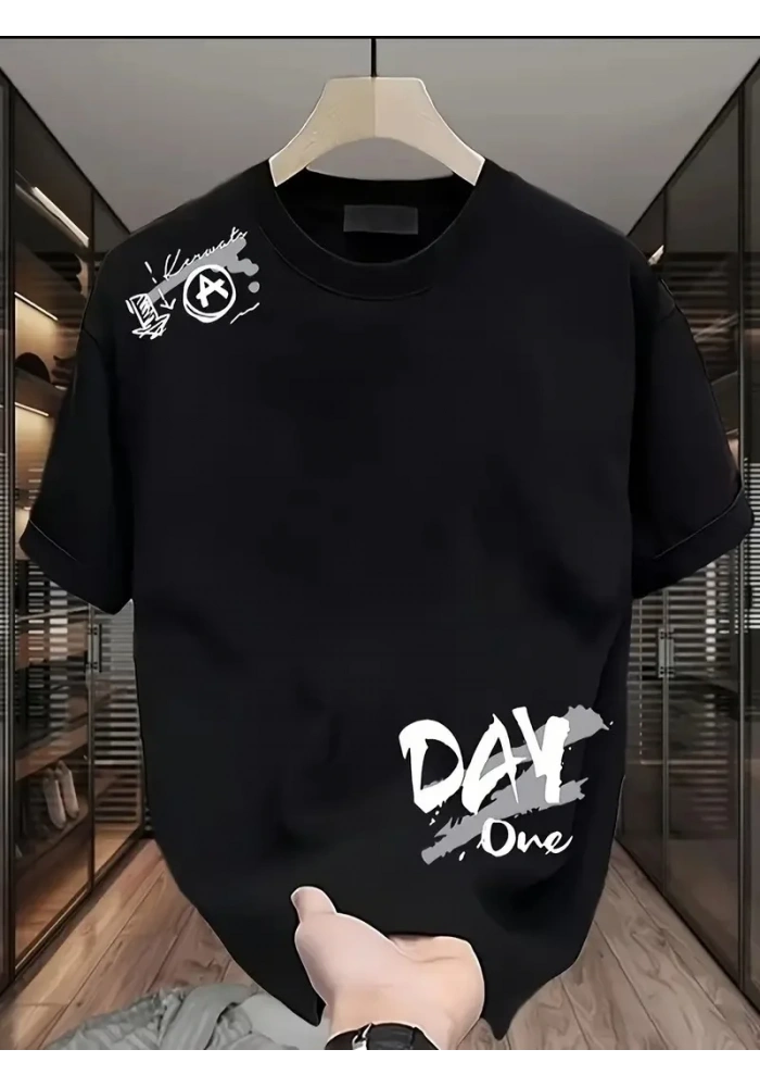 Kadın Penye Compack Day One Baskılı Oversize Bisiklet Yaka T-shirt - Siyah