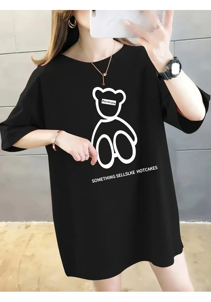 Kadın Penye Compack  Baskılı Oversize Bisiklet Yaka T-shirt - Siyah