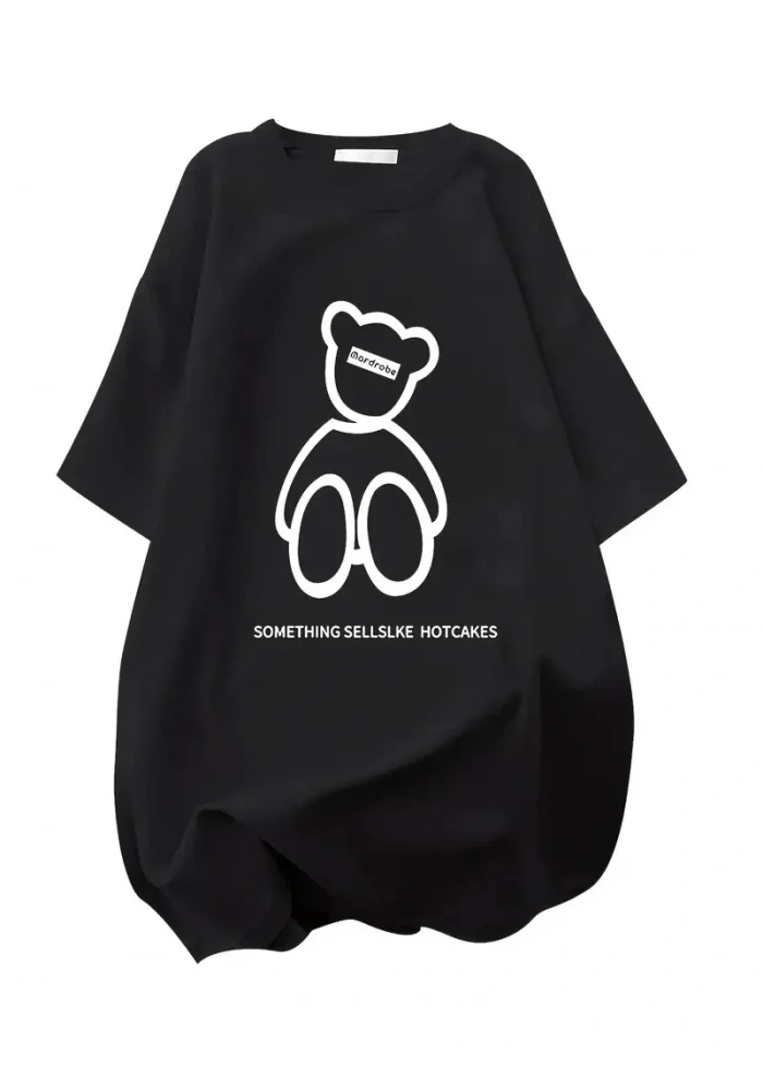 Kadın Penye Compack  Baskılı Oversize Bisiklet Yaka T-shirt - Siyah