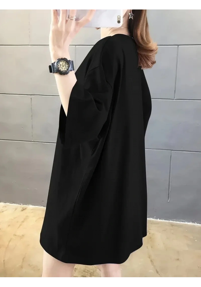 Kadın Penye Compack  Baskılı Oversize Bisiklet Yaka T-shirt - Siyah