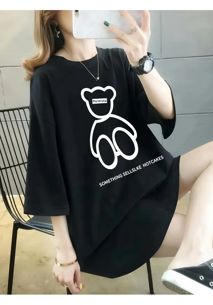 Kadın Penye Compack  Baskılı Oversize Bisiklet Yaka T-shirt - Siyah