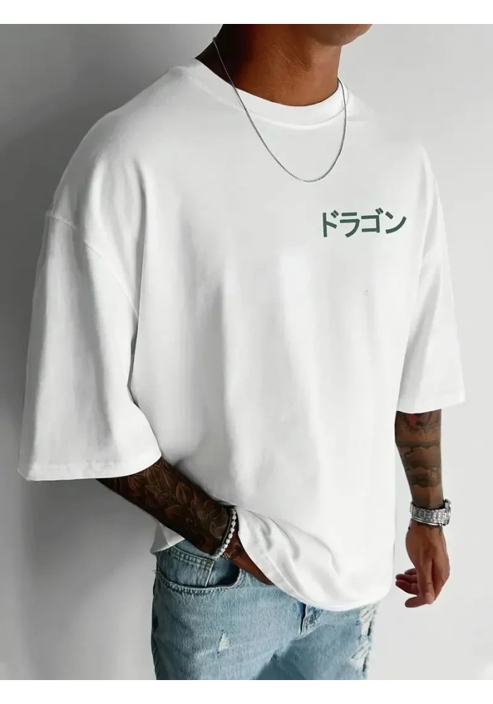 Erkek Penye Compack  Ejder Baskılı Oversize Bisiklet Yaka T-shirt - Beyaz