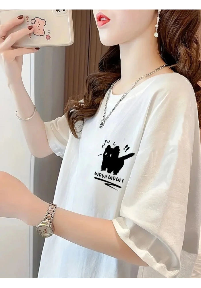 Kadın Penye Compack Tatlı Kedi Baskılı Bisiklet Yaka T-shirt - Beyaz