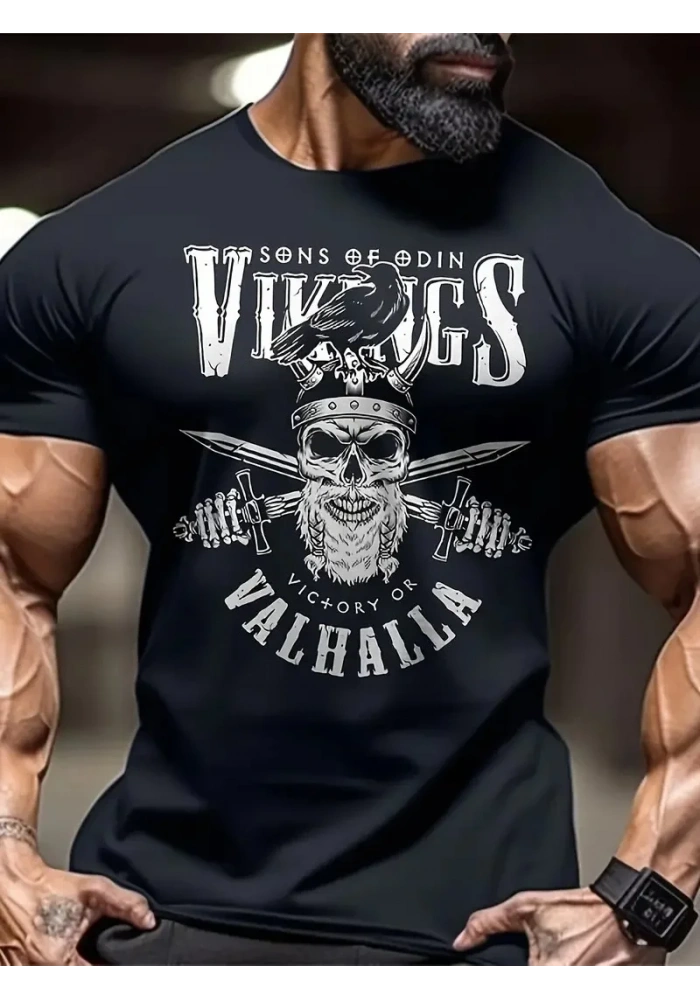 Erkek Penye Compack Vikings Valhalla Baskılı Bisiklet Yaka T-shirt - Siyah