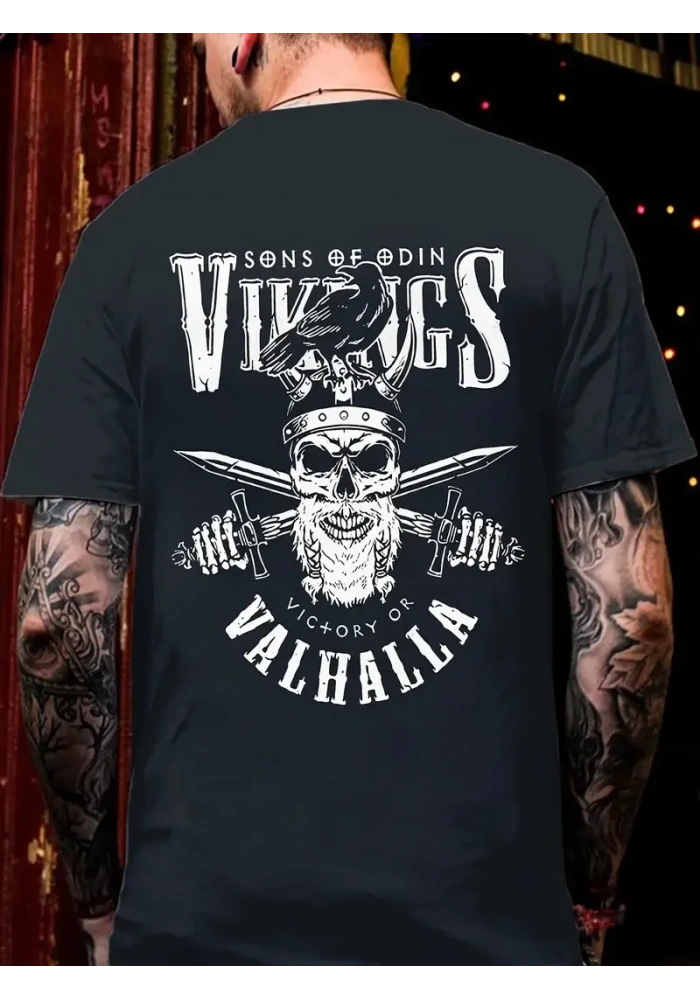 Erkek Penye Compack Vikings Valhalla Baskılı Bisiklet Yaka T-shirt - Siyah