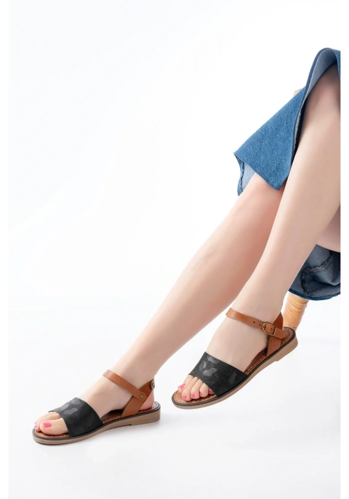 205-012 Siyah Ortopedik Hakiki Deri Kadın Sandalet