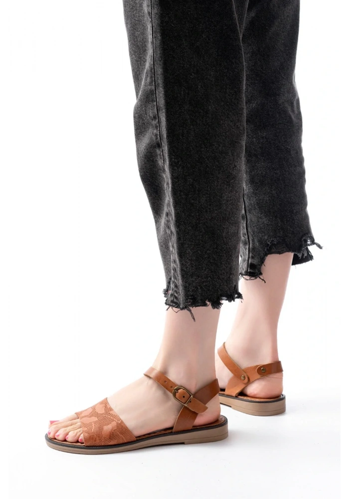 205-012 Taba Ortopedik Hakiki Deri Kadın Sandalet