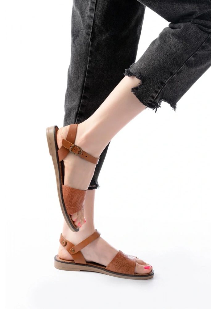 205-012 Taba Ortopedik Hakiki Deri Kadın Sandalet