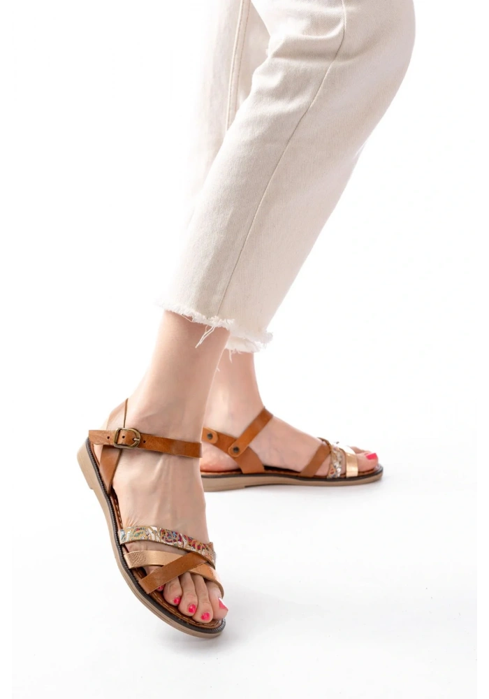 205-015 Taba Garni Ortopedik Hakiki Deri Kadın Sandalet