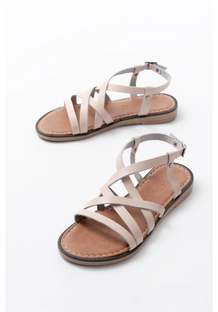 205-017 Bej Ortopedik Hakiki Deri Kadın Sandalet