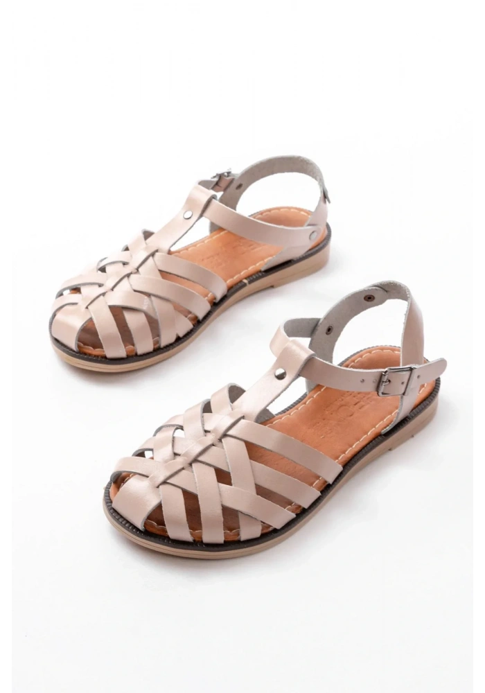 205-02 Bej Ortopedik Hakiki Deri Kadın Sandalet