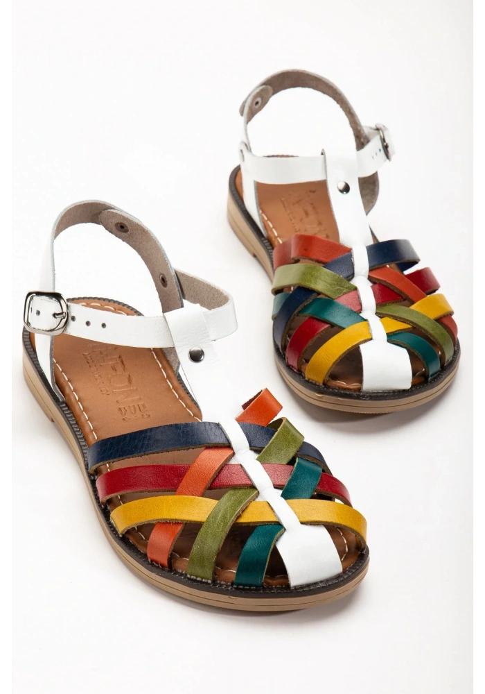 205-02 Beyaz Multi Ortopedik Hakiki Deri Kadın Sandalet