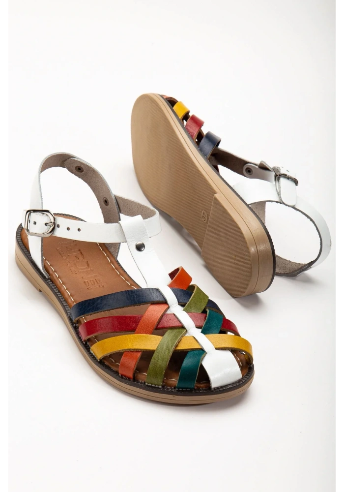 205-02 Beyaz Multi Ortopedik Hakiki Deri Kadın Sandalet