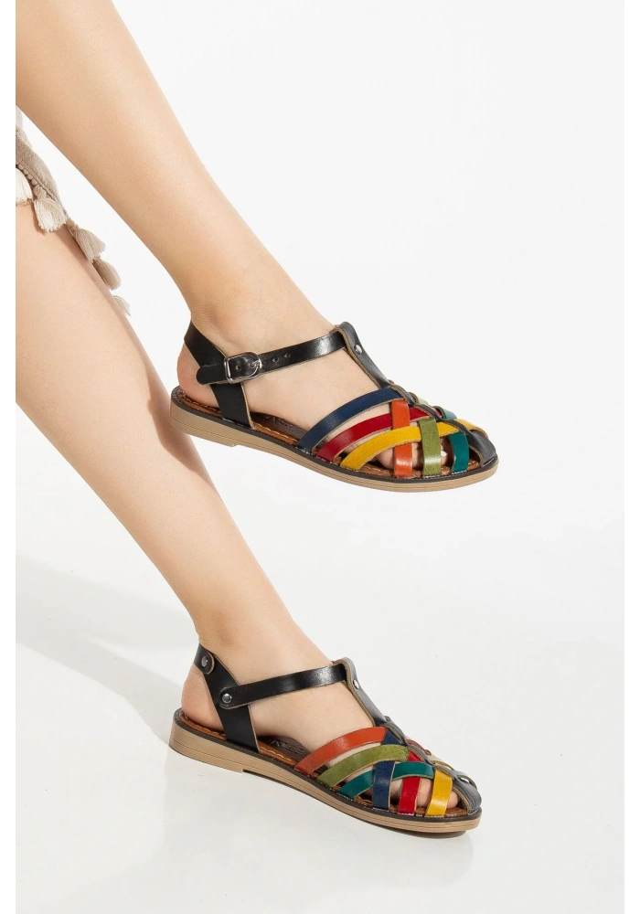 205-02 Siyah Multi Ortopedik Hakiki Deri Kadın Sandalet