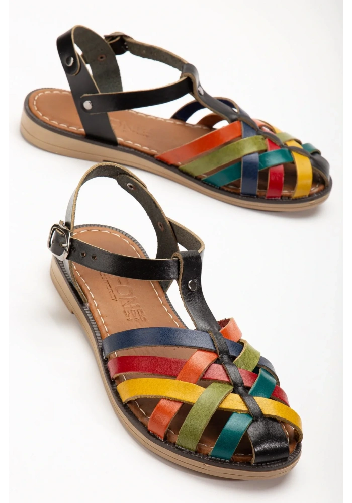 205-02 Siyah Multi Ortopedik Hakiki Deri Kadın Sandalet