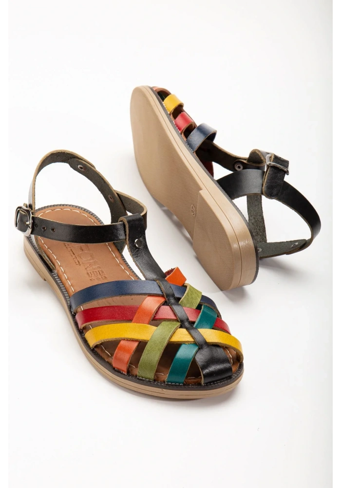 205-02 Siyah Multi Ortopedik Hakiki Deri Kadın Sandalet