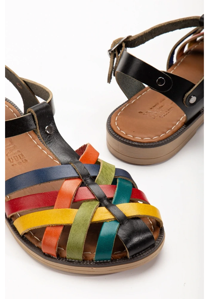 205-02 Siyah Multi Ortopedik Hakiki Deri Kadın Sandalet