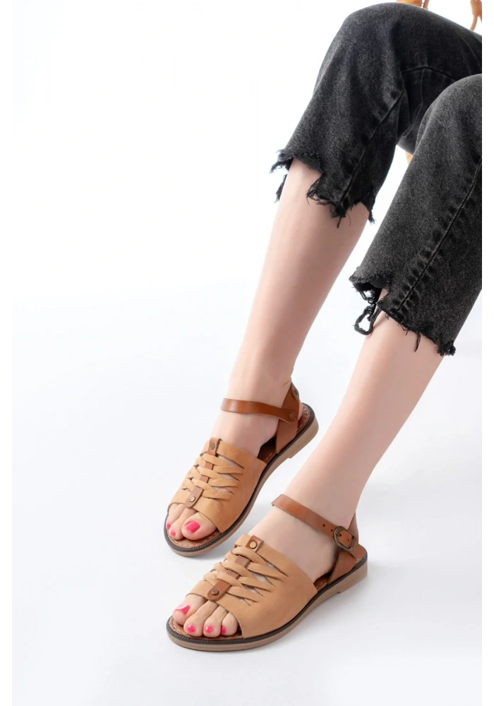 205-029 Bej Ortopedik Hakiki Deri Kadın Sandalet