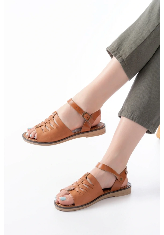 205-029 Taba Ortopedik Hakiki Deri Kadın Sandalet