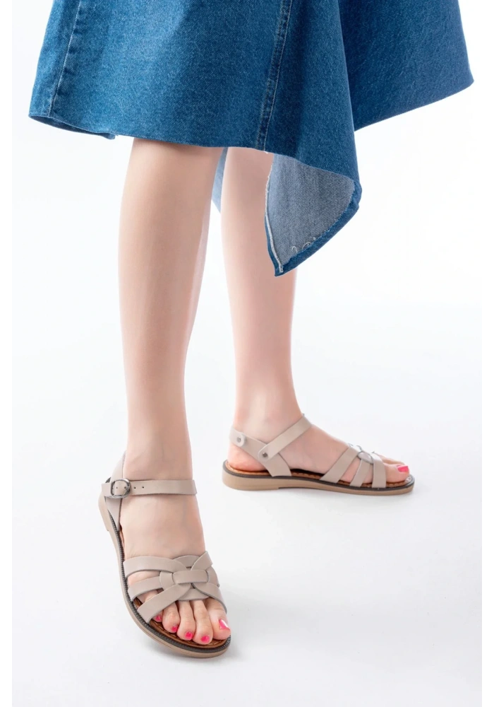 205-030 Bej Hakiki Deri Ortopedik Taban Kadın Sandalet