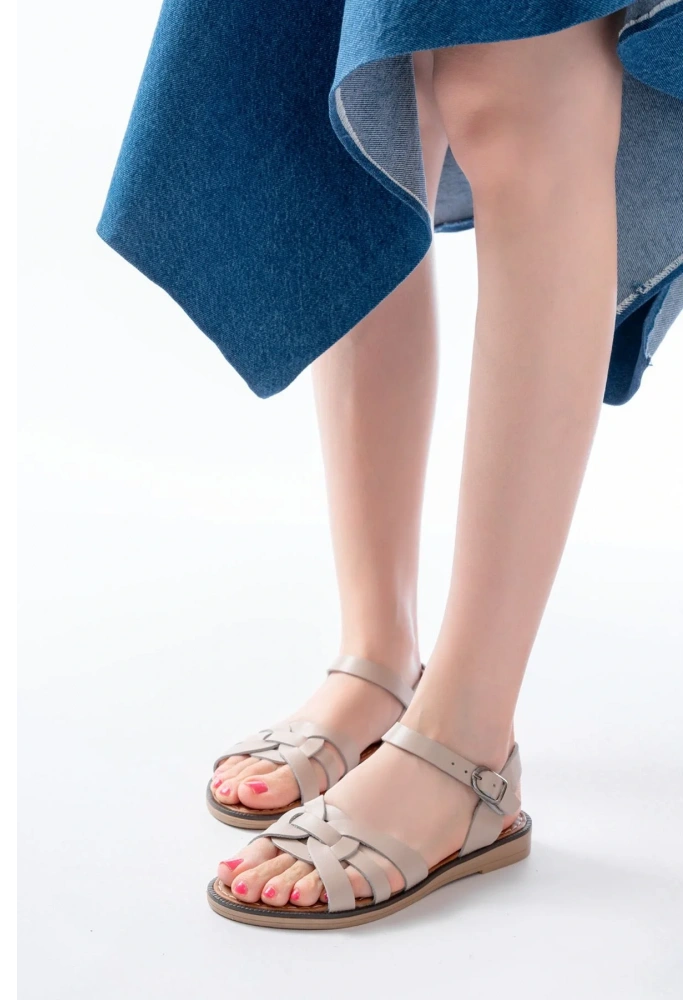 205-030 Bej Hakiki Deri Ortopedik Taban Kadın Sandalet